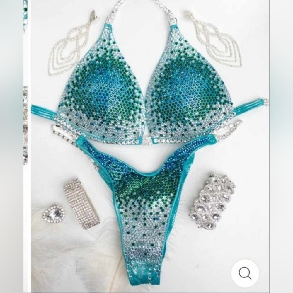 Teal and Green Rhinestone NPC/Ifbb Bikini Set